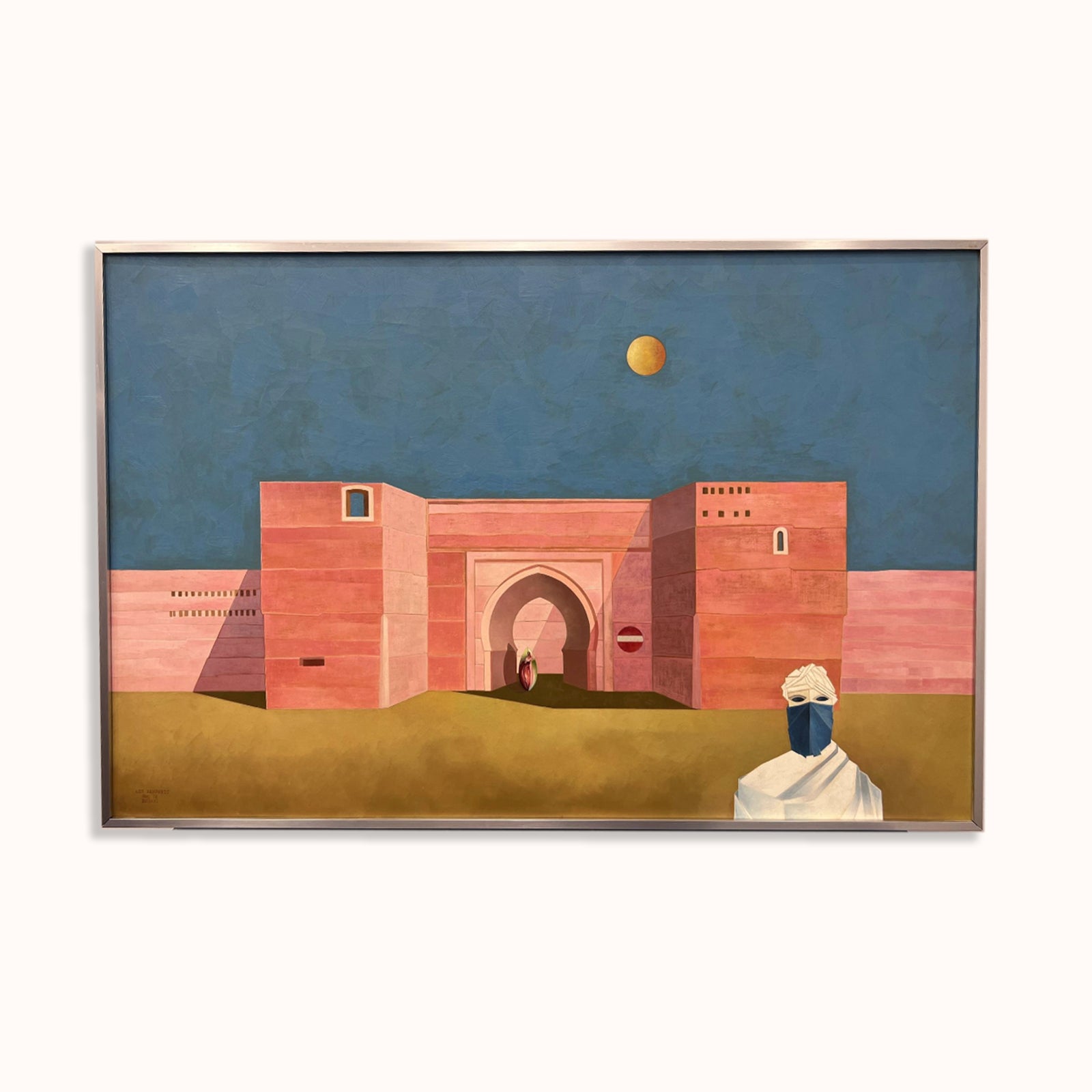 A vintage oil painting depicting a surrealistic cityscape with a pink background and a figure standing in the foreground, available at Wildschut Antiques