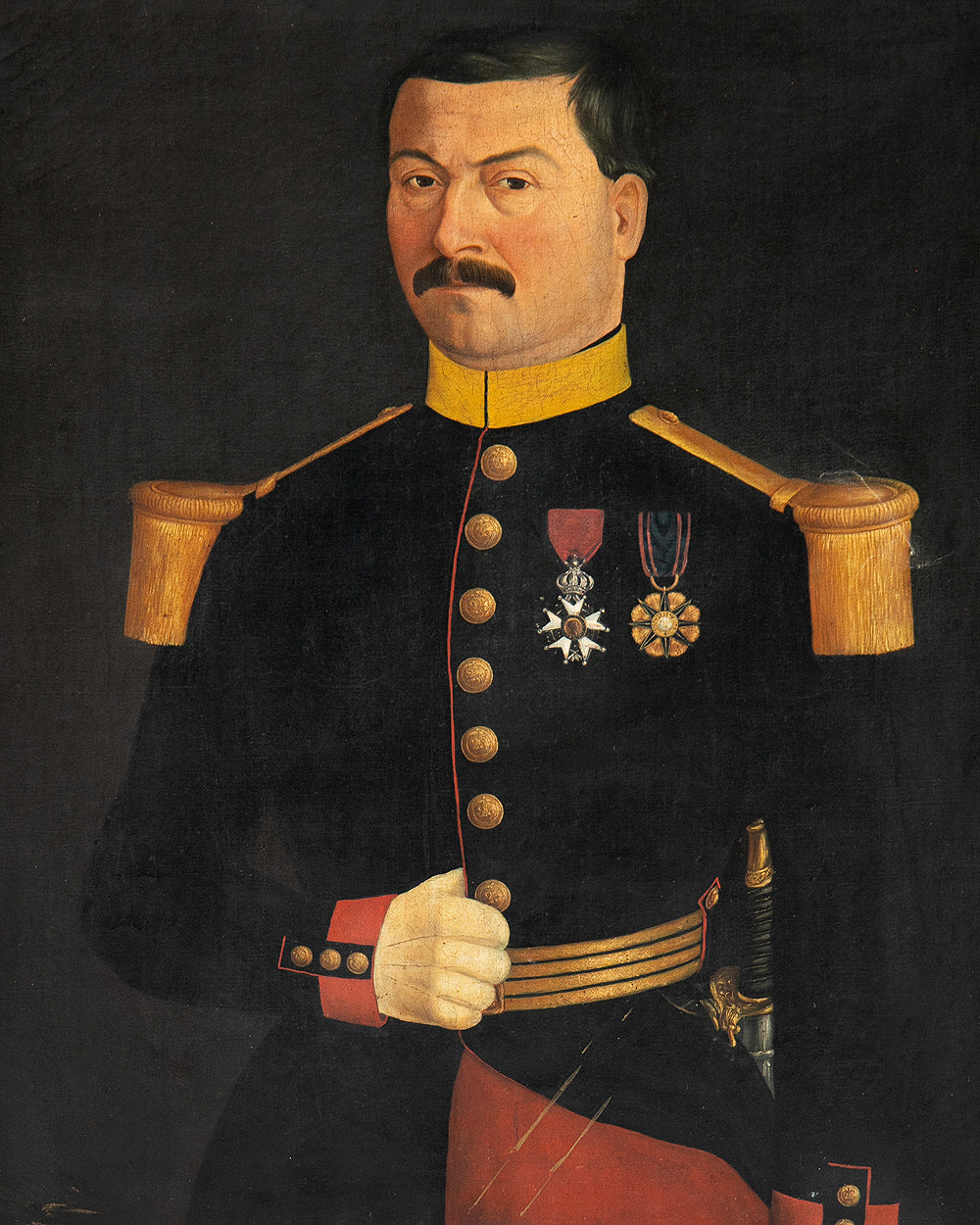 A historical portrait painting of a man with a mustache wearing a dark military uniform with gold epaulets, medals, and red trousers against a dark background.