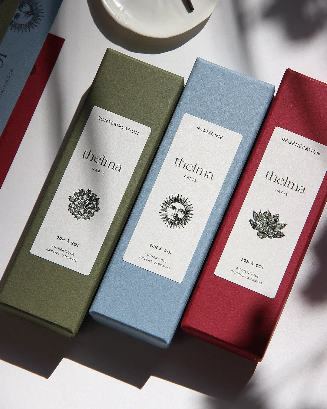 A Collection of boxes of Thelma Paris incense sticks with white labels