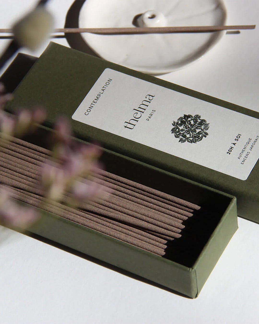 A box of Thelma Paris brand incense sticks with sandalwood and cypress fragrance, available at Wildschut Antiques