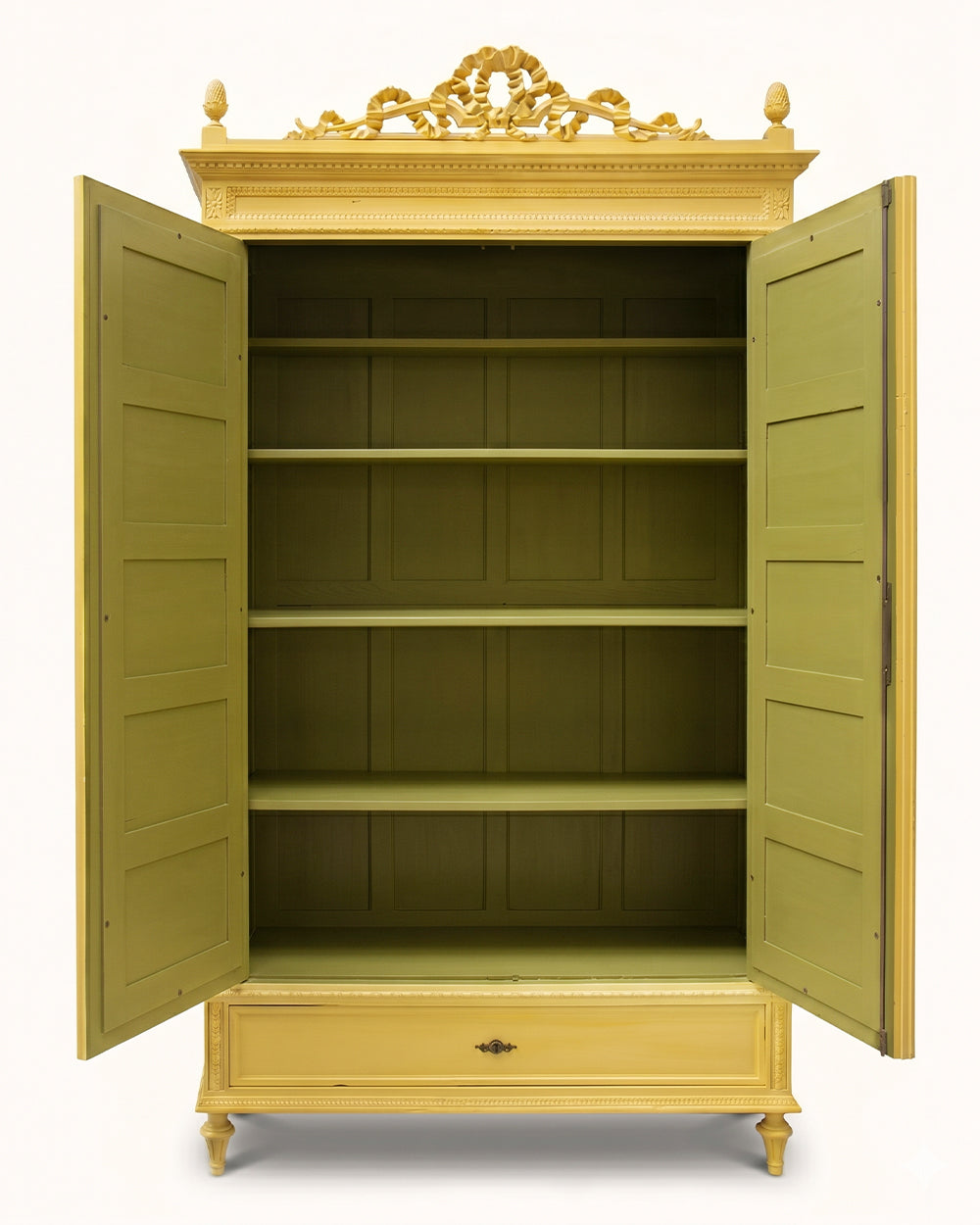 Yellow wardrobe with open doors on a white background