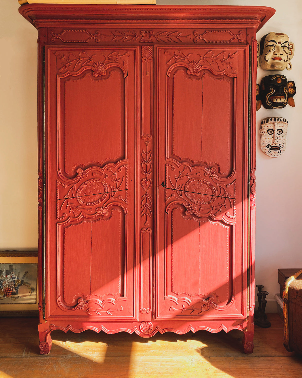 French antique marriage armoire painted in a rich red hue by Wildschut Antiques
