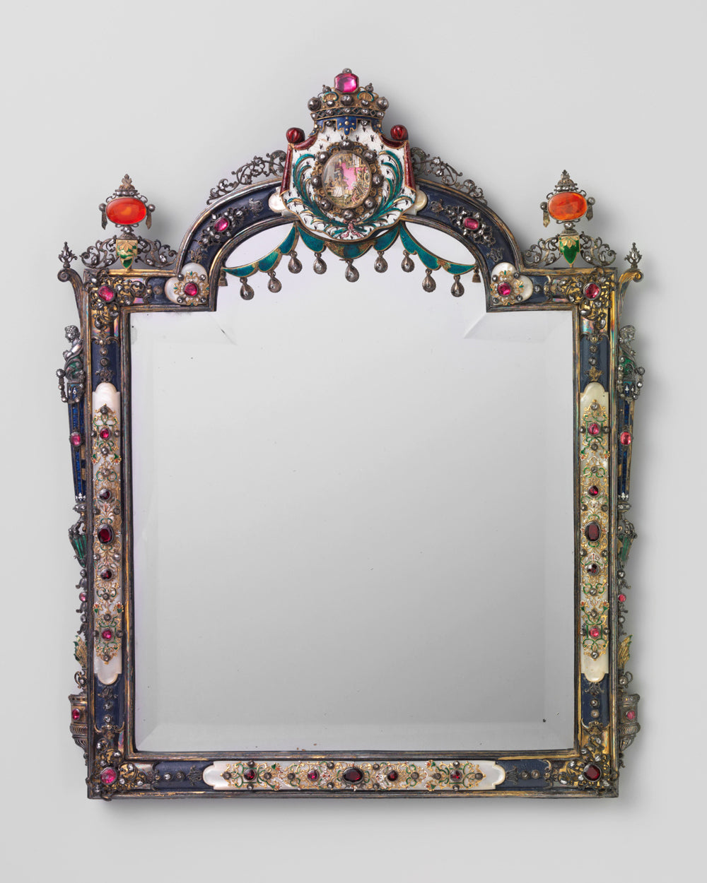 Antique Mirror with gold, enamel and mother-of-pearl and precious stones, ca. 1700