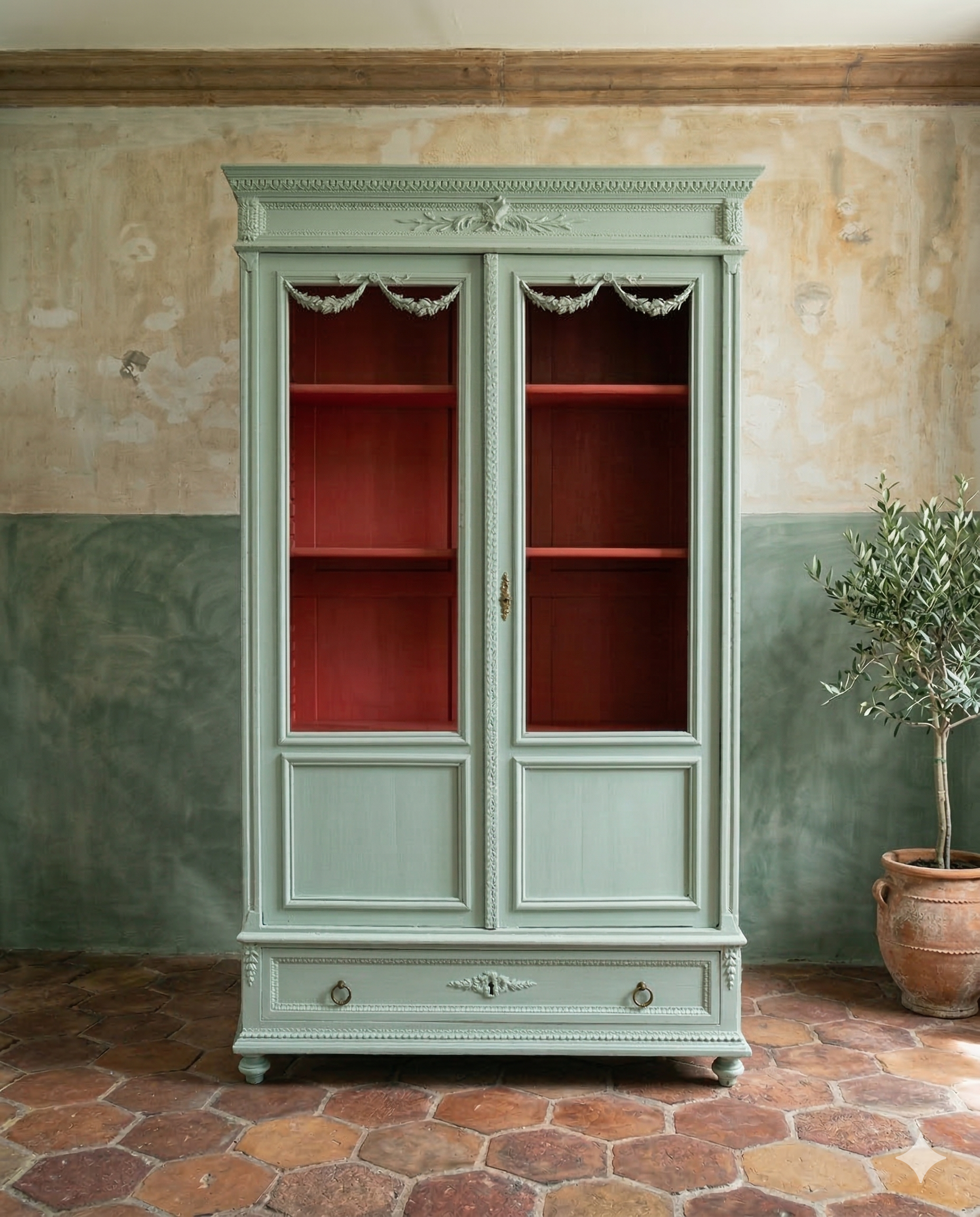 Louis XVI Style Mint Green Glass Door Vitrine