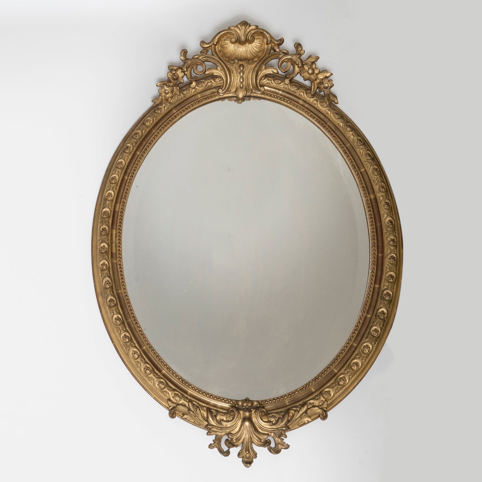 19th C Gilt Wood Oval Mirror with Shell Crest