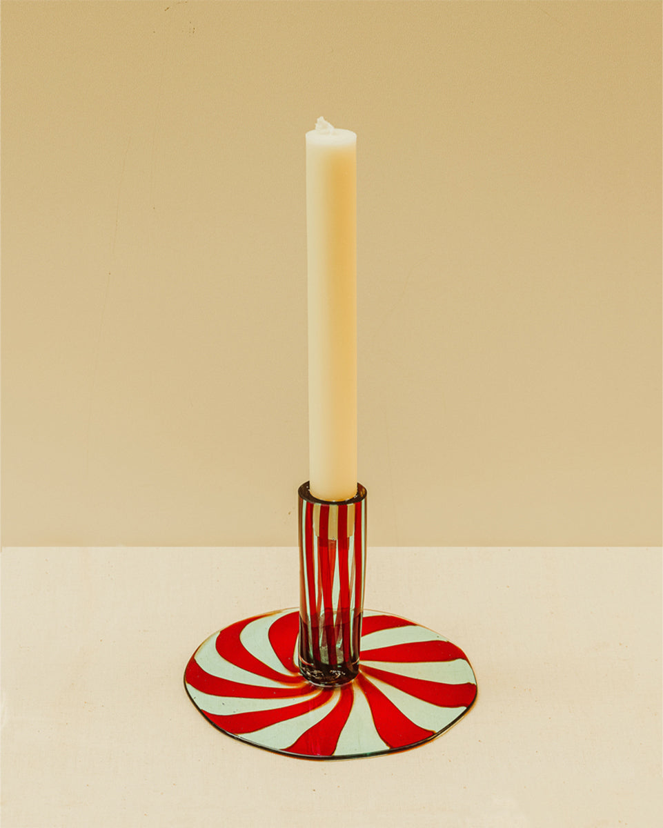 Murano Glass Red and Blue Swirl Ribbon Design Candlestick