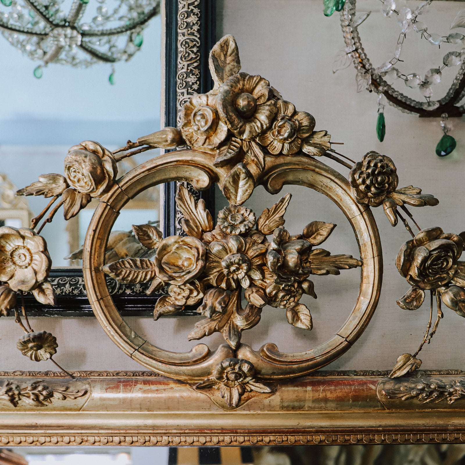 Large 19th C Louis Philippe Mirror with Ornate Flower Crest 