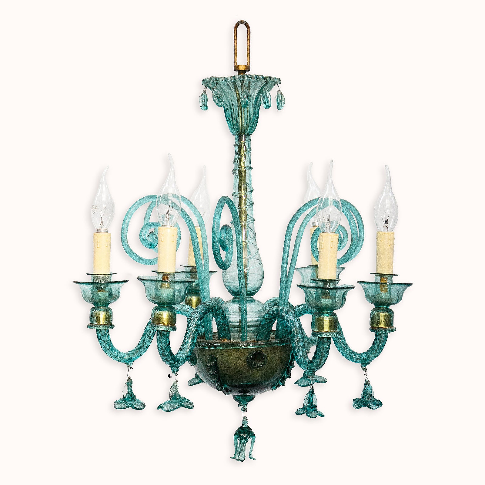 Rare 19th Century Spanish Petrol-Colored Glass Chandelier with 6 Lights