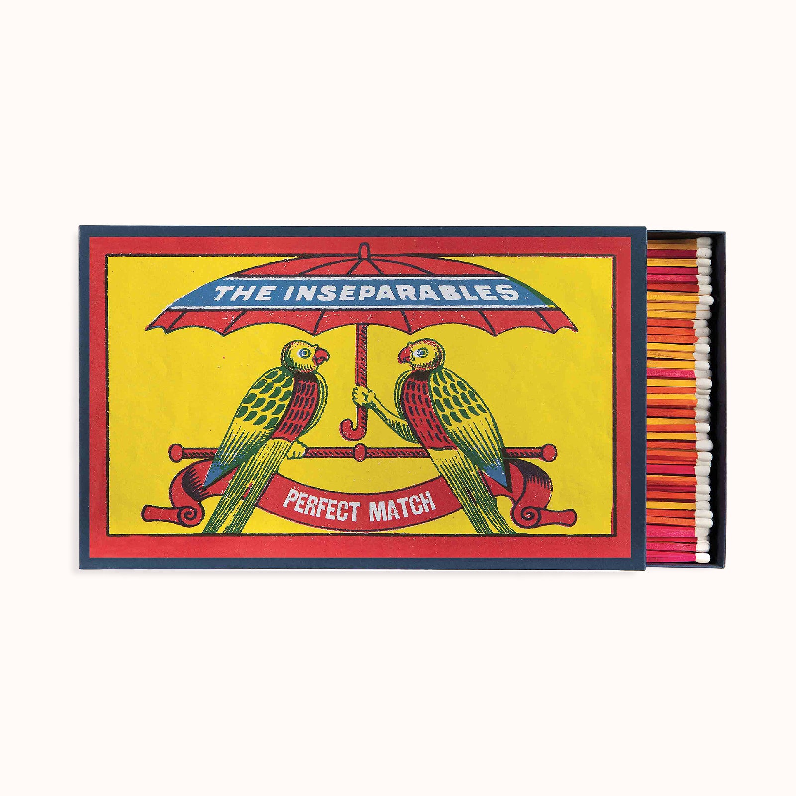 Matchbox with 'The Inseparables' design featuring two birds under an umbrella. Design by Archivist Gallery, available at Wildschut Antiques.
