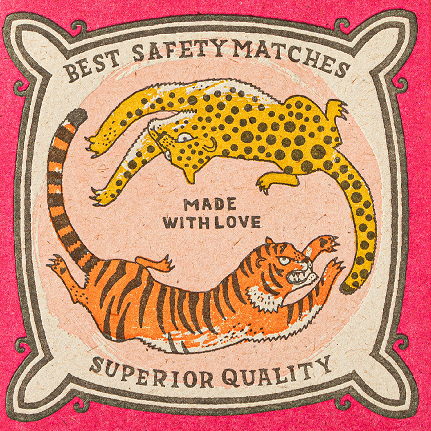 Matchbox label with leopards and tiger on a pink background