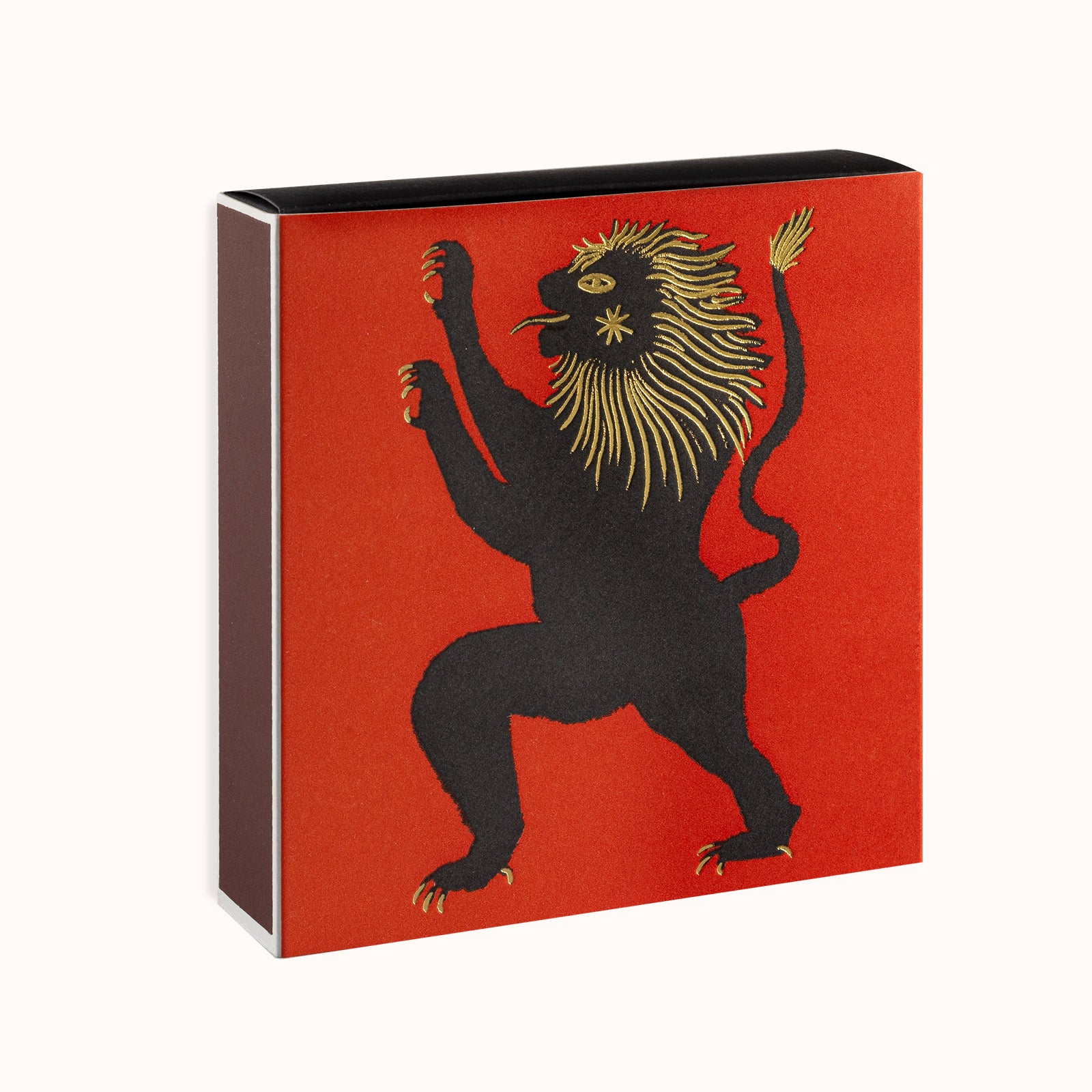 Red box with a black and gold lion design on a white background. By Archivist Gallery, available at Wildschut Antiques.