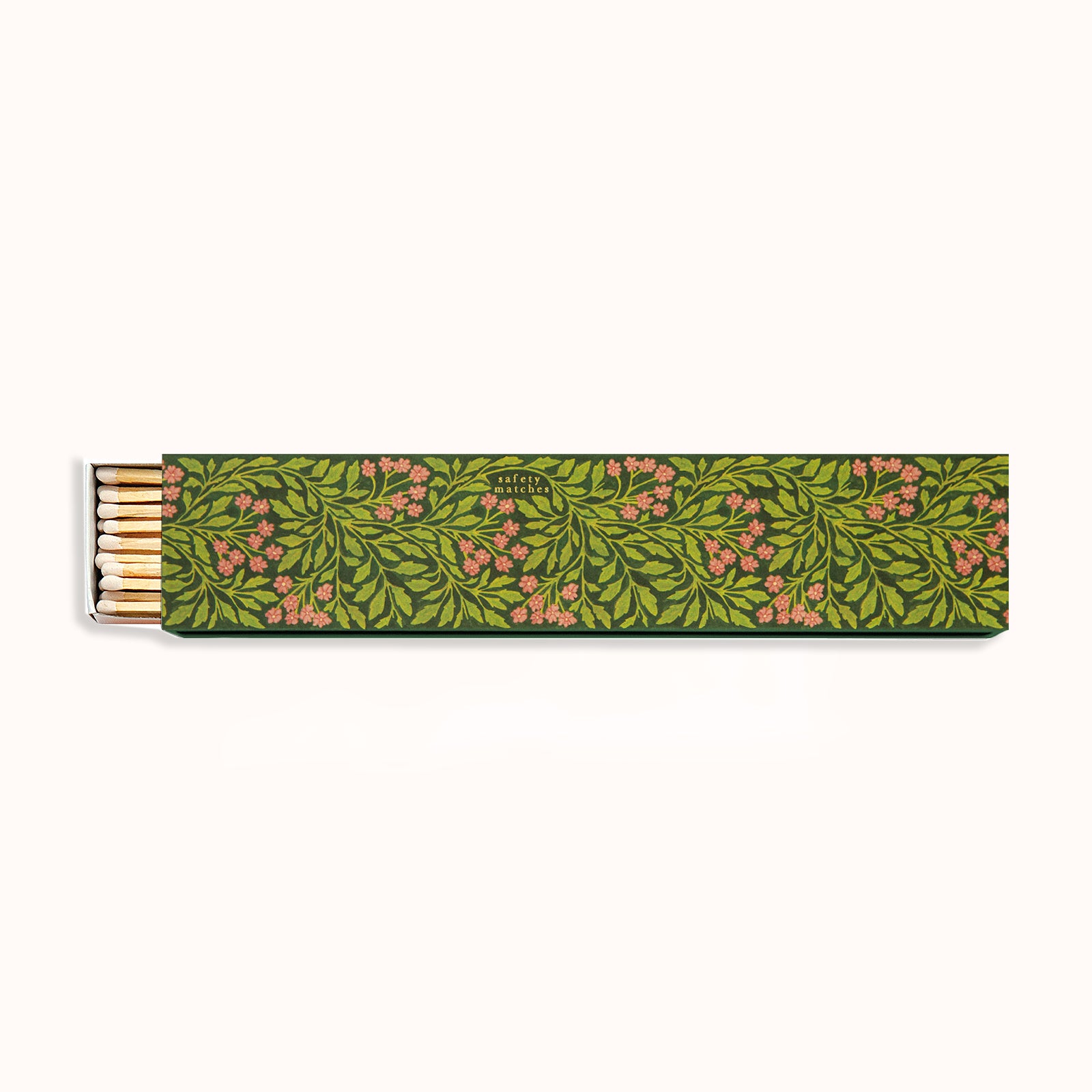 Matches with a decorative green and pink floral pattern. Design by Archivist Gallery, available at Wildschut Antiques.