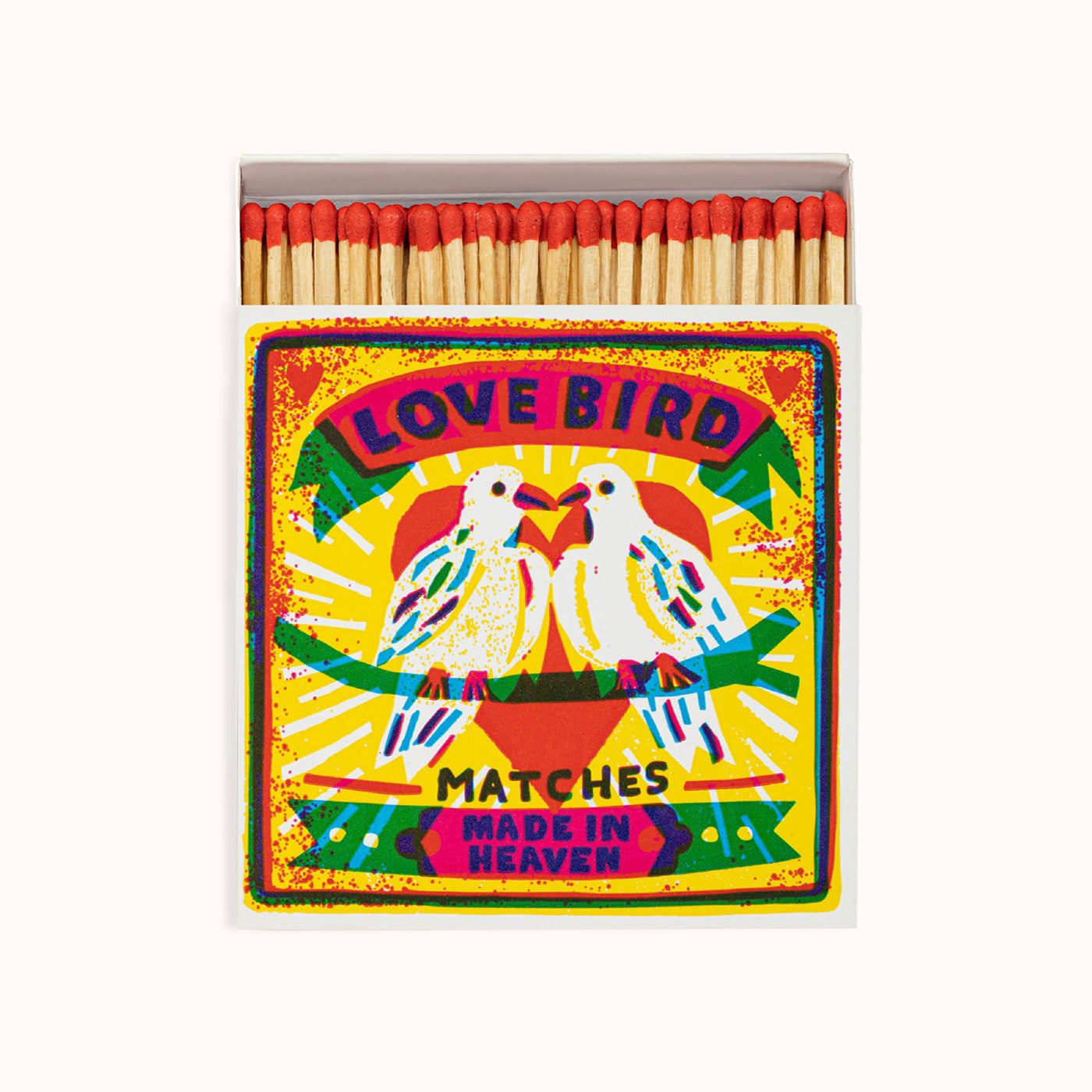 Matchbox with colorful 'Love Bird' design. Design by Archivist Gallery, available at Wildschut Antiques.