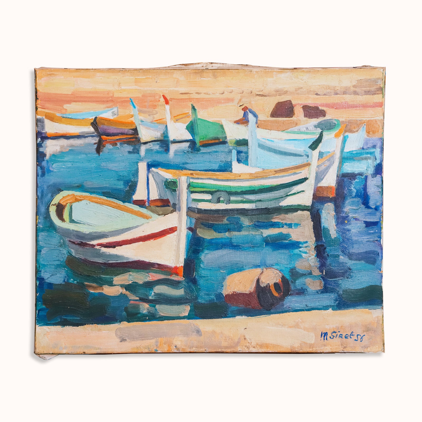 Mid Century French Oil Painting "Barques" by Marcel Siret