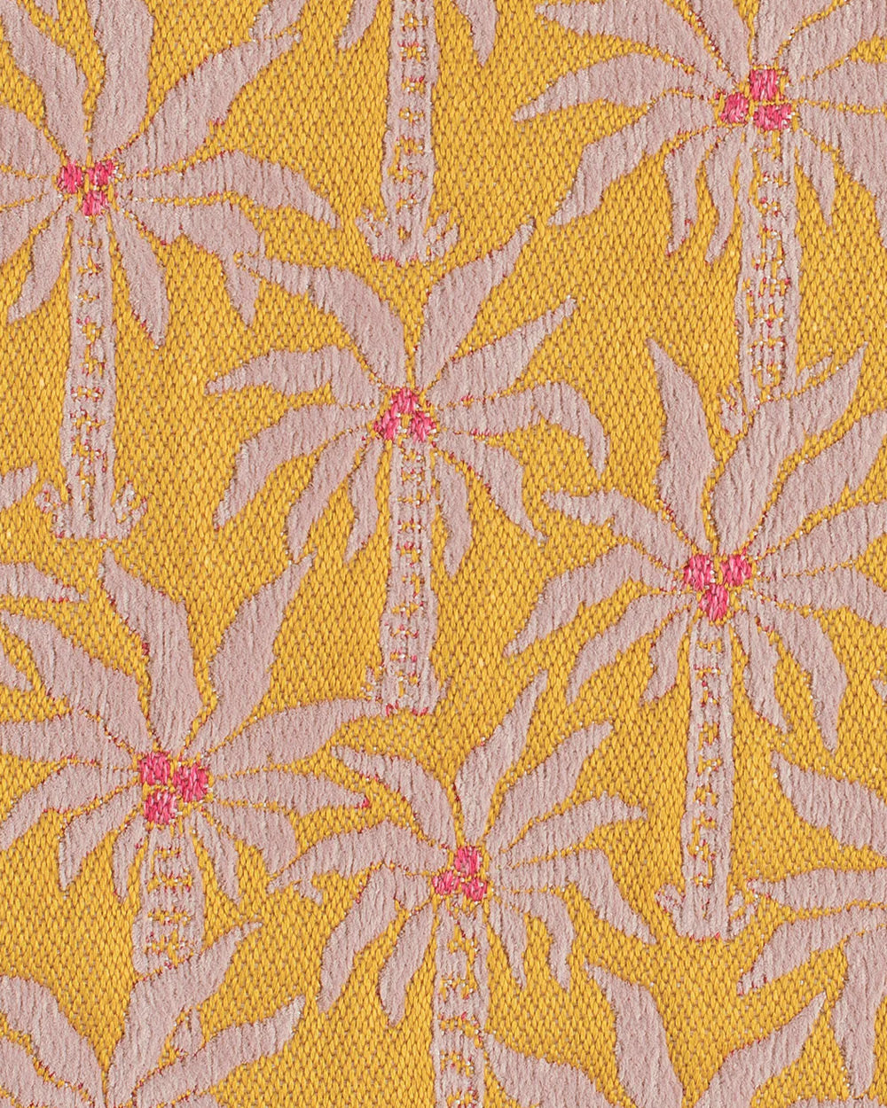 Textile detail of a yellow fabric with white palmtree pattern