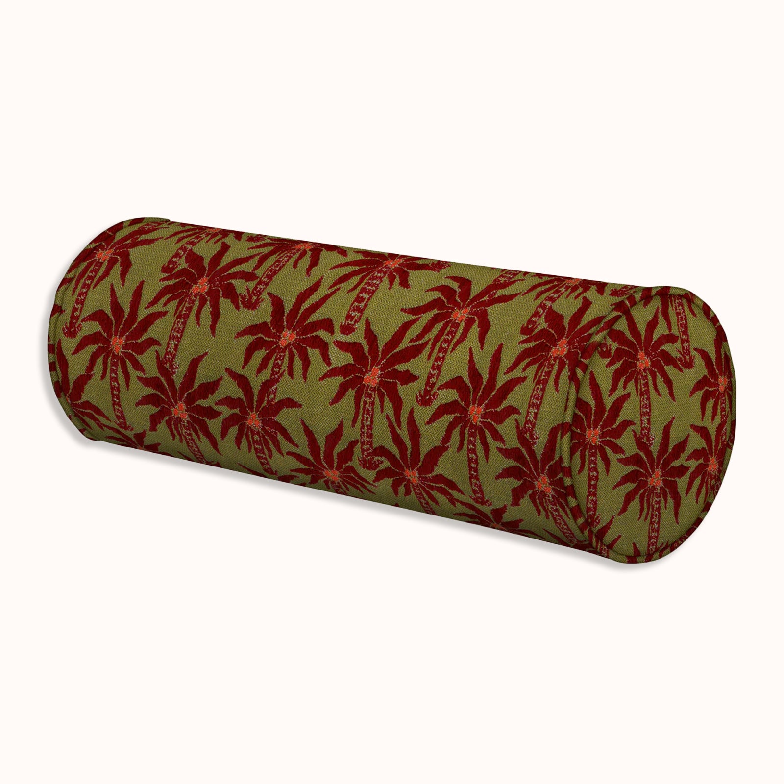 Green bolster pillow with a Bordeaux red pattern of palm trees