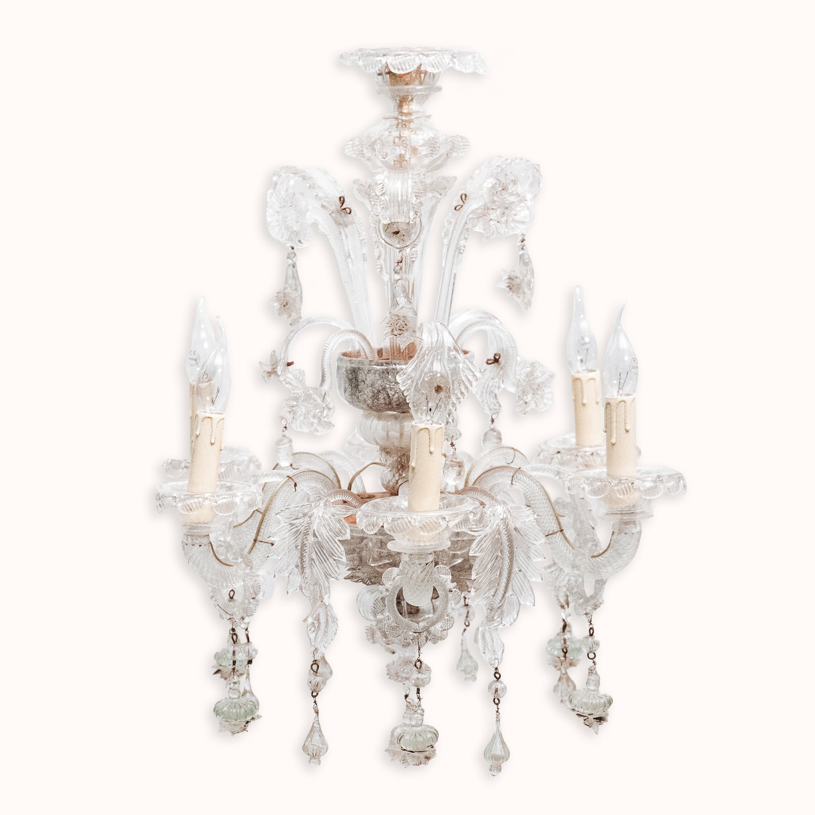 Venetian Hand Blown White Murano Glass 6-Lights Chandelier