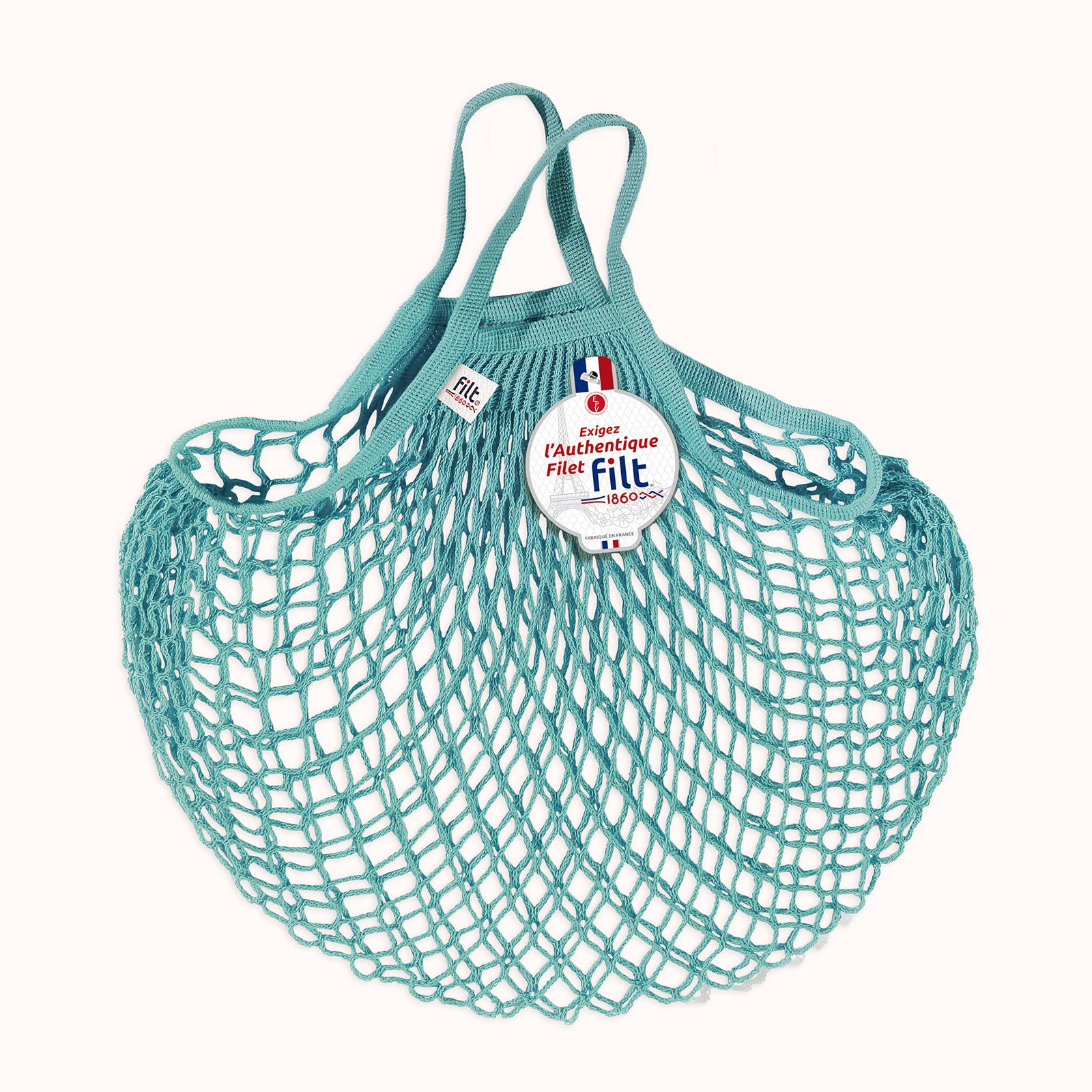 Teal mesh shopping bag with Filt 1860 logo on a white background