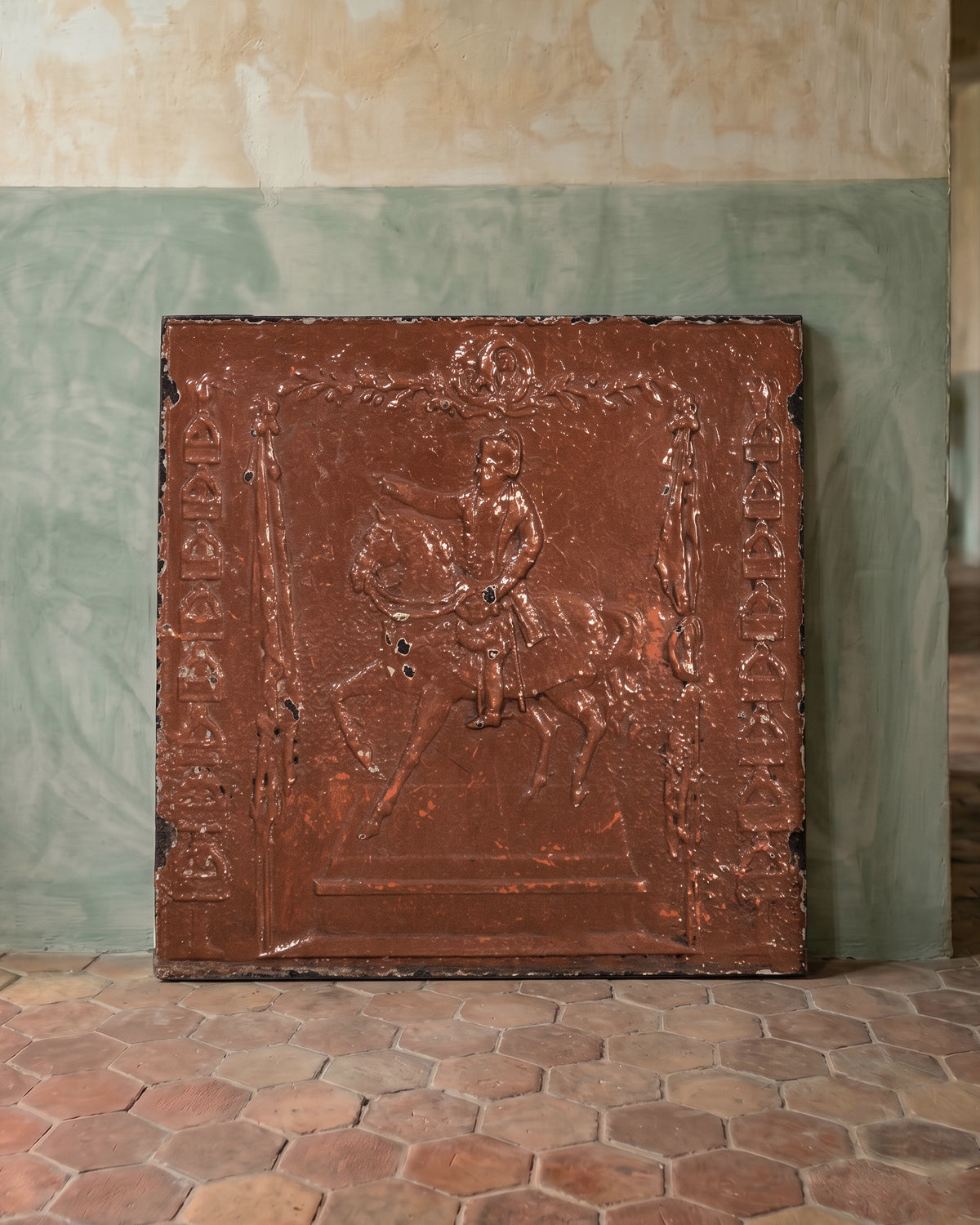 Napoleon on Horseback Fireback, Brown Enamel Cast Iron