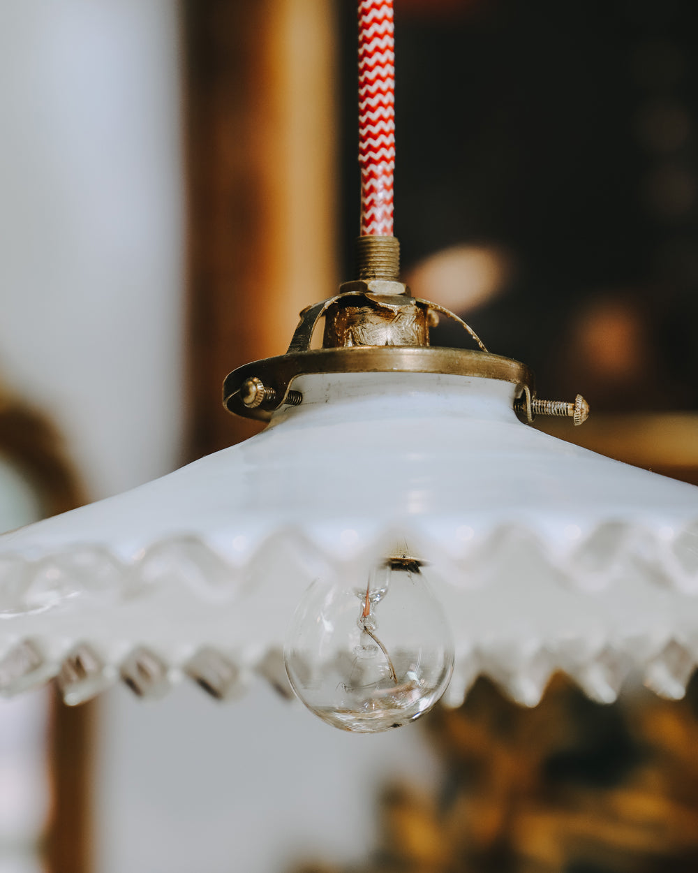 Vintage French White Glass Frilled Pendant Light