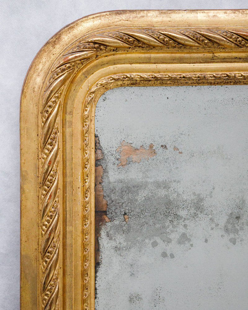 19th C Distressed Mirror with Faux Ribbon Frame