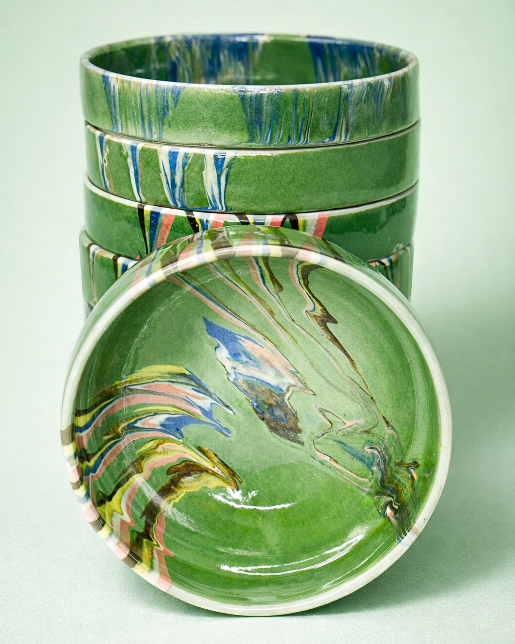 Hand-Painted Marbled Earthenware Bowls | Green