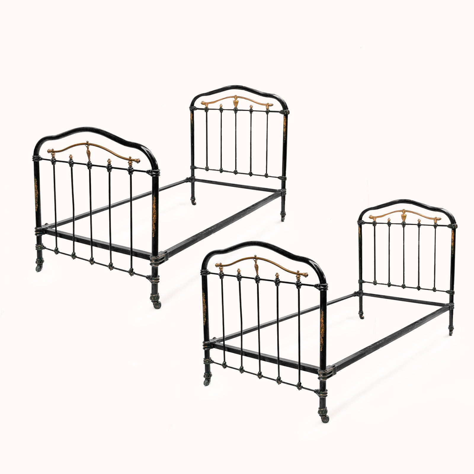 Matching Pair of Antique Cast Iron Antique Single Beds in Black and Gold