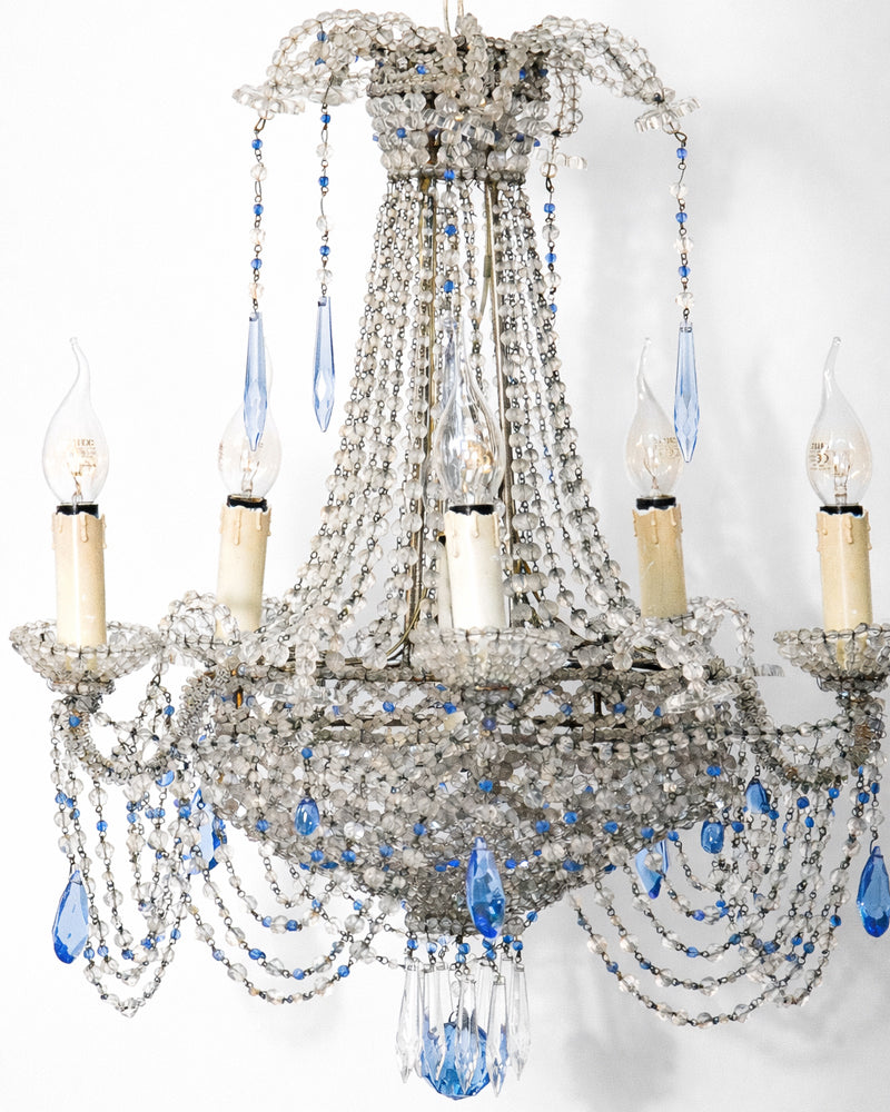 19th Century Italian Beaded Chandelier with Sapphire Blue Drops