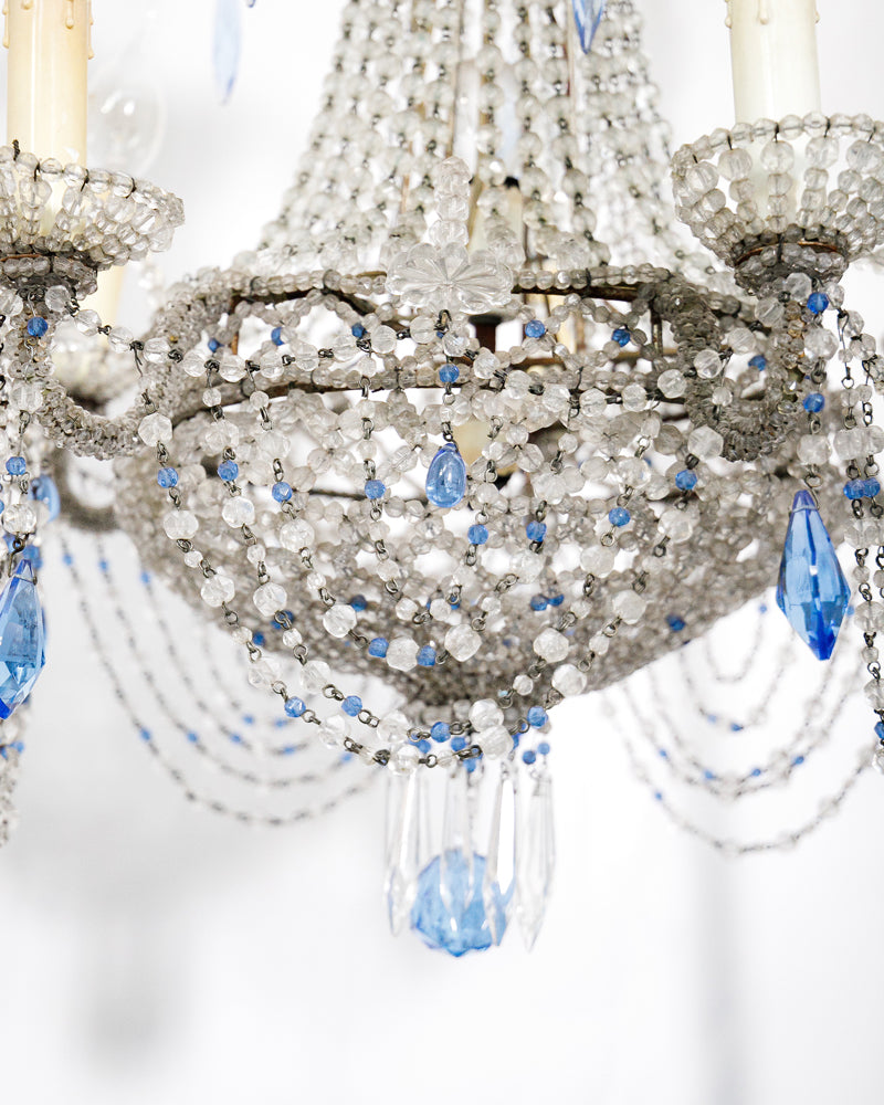 19th Century Italian Beaded Chandelier with Sapphire Blue Drops