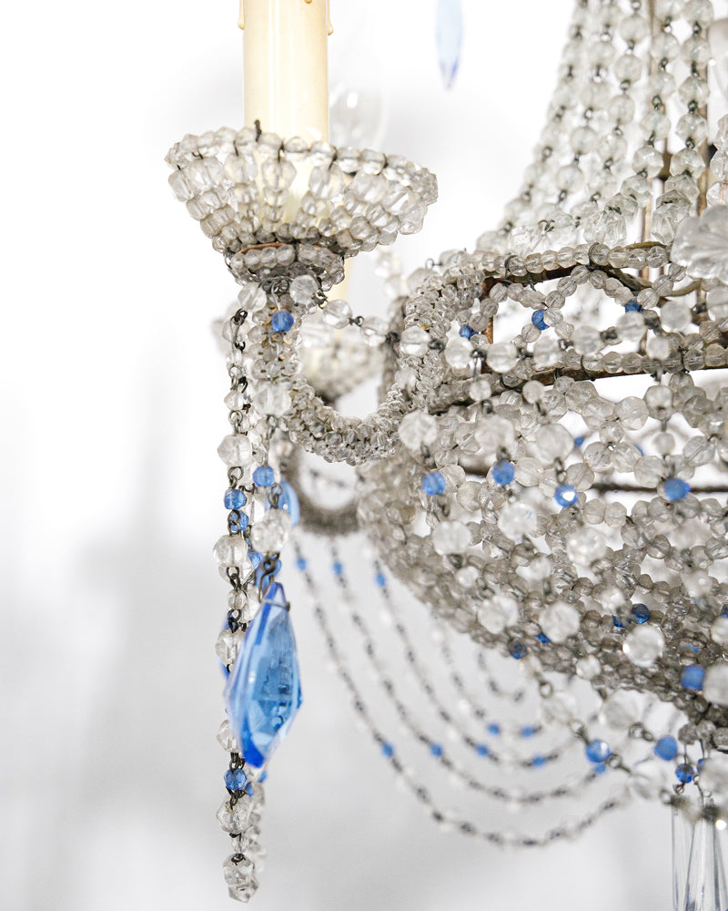 19th Century Italian Beaded Chandelier with Sapphire Blue Drops