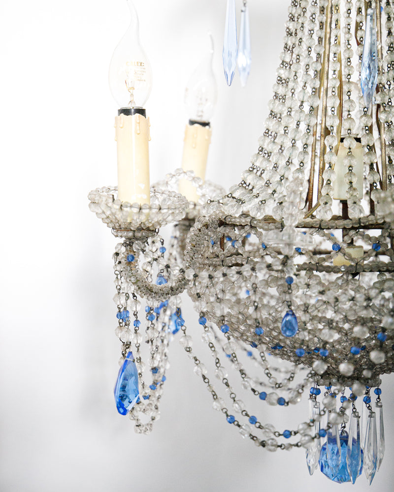 19th Century Italian Beaded Chandelier with Sapphire Blue Drops