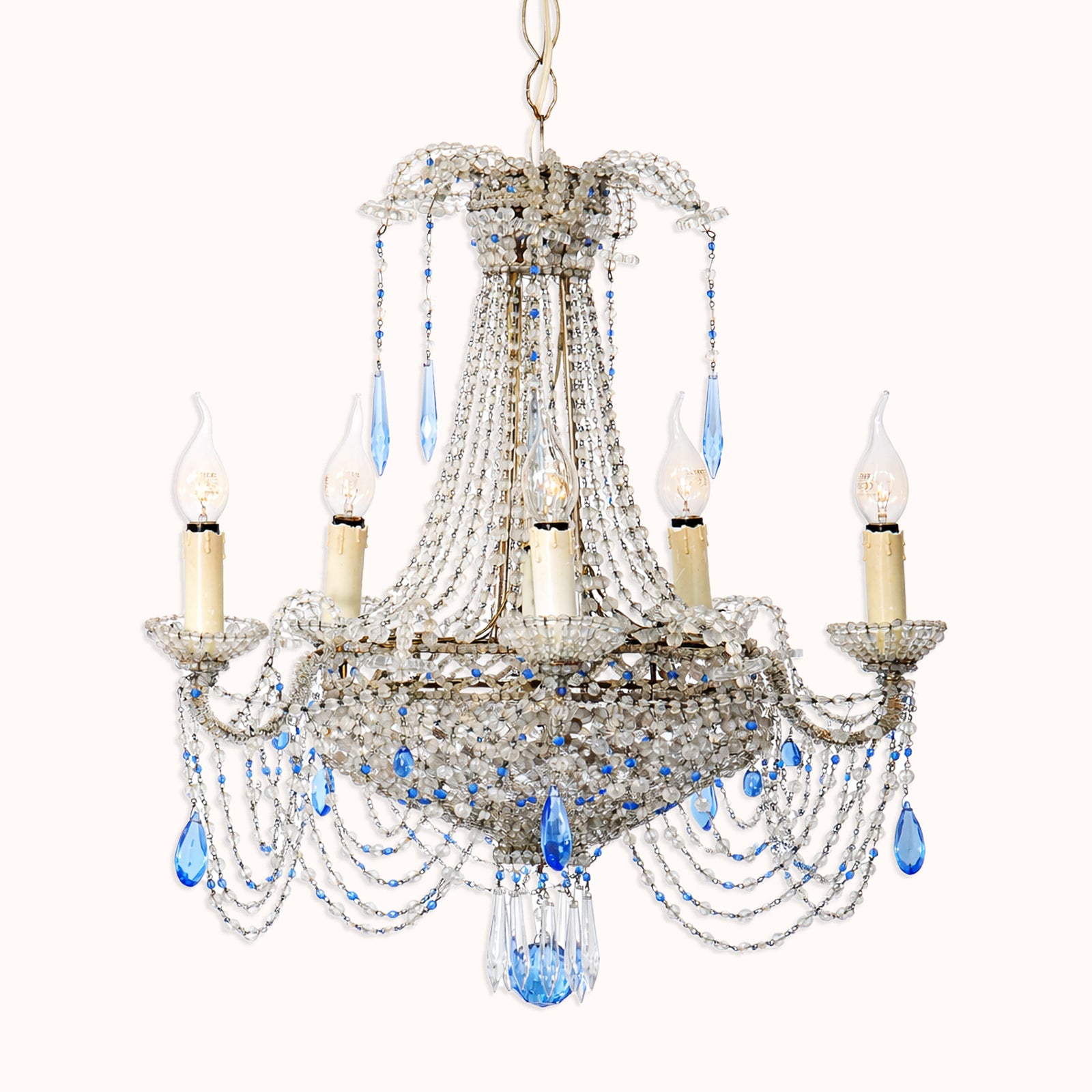 19th Century Italian Beaded Chandelier with Sapphire Blue Drops