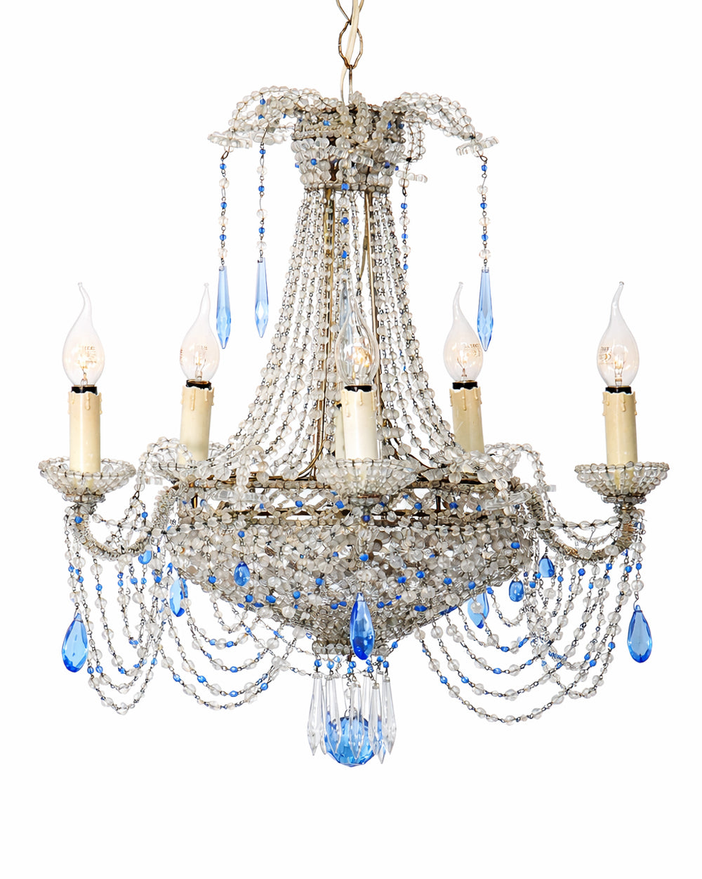 19th Century Italian Beaded Chandelier with Sapphire Blue Drops