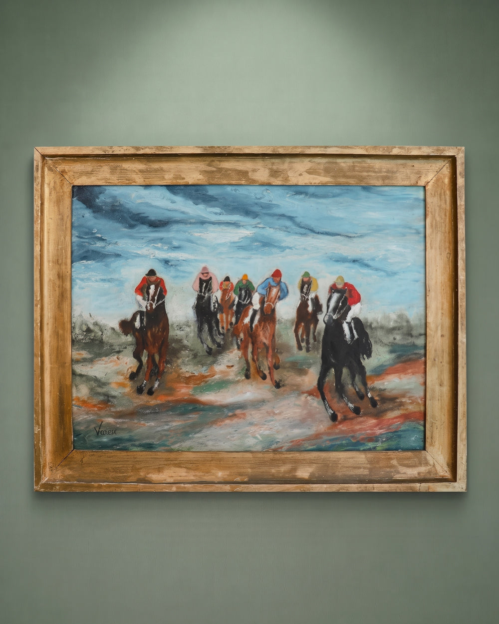 19th Century Antique Painting of Jockeys in Action by Giacomo Varese
