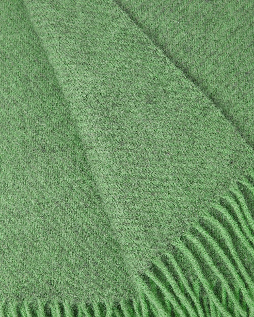 Close-up of a green wool blanket with fringed edge.