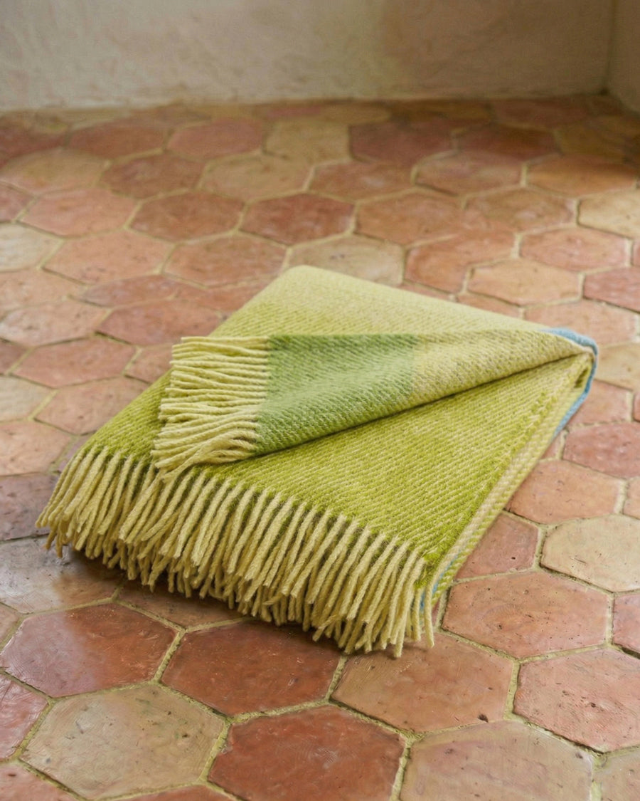 Green wool blanket with fringe on a terracotta floor. By Klippan, available via Wildschut Antiques.