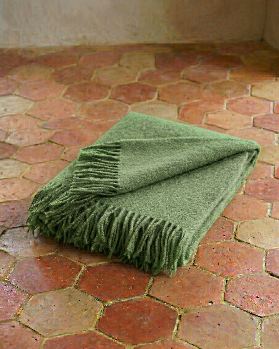 Green wool blanket on a terracotta-tiled floor. By Klippan, available via Wildschut Antiques.