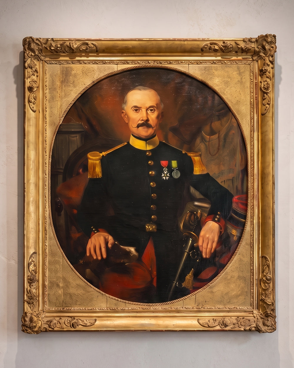 Large 19th C Portrait of a Decorated Gentleman & His Dog, 1879