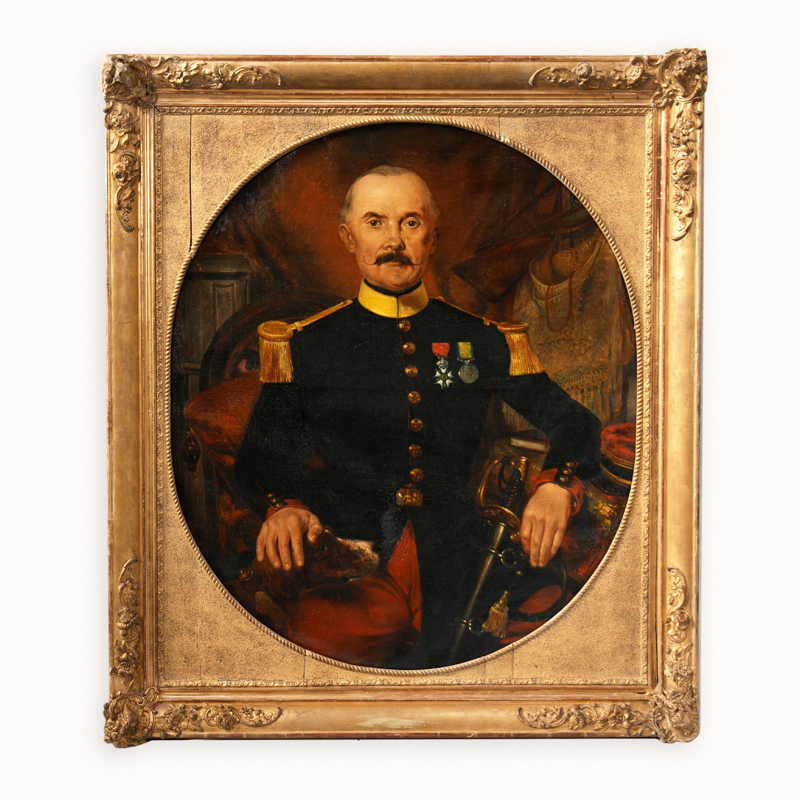Large 19th C Portrait of a Decorated Gentleman & His Dog, 1879