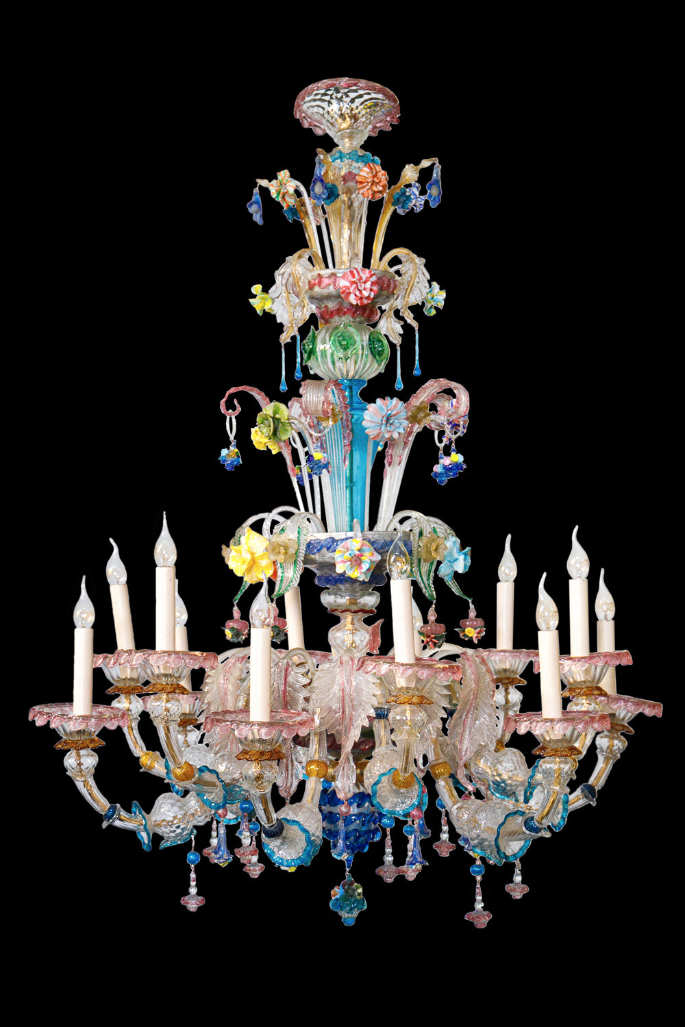 Colorful large vintage Venetian Murano Glass chandelier with intricate flower designs on a black background, available via Wildschut Antiques