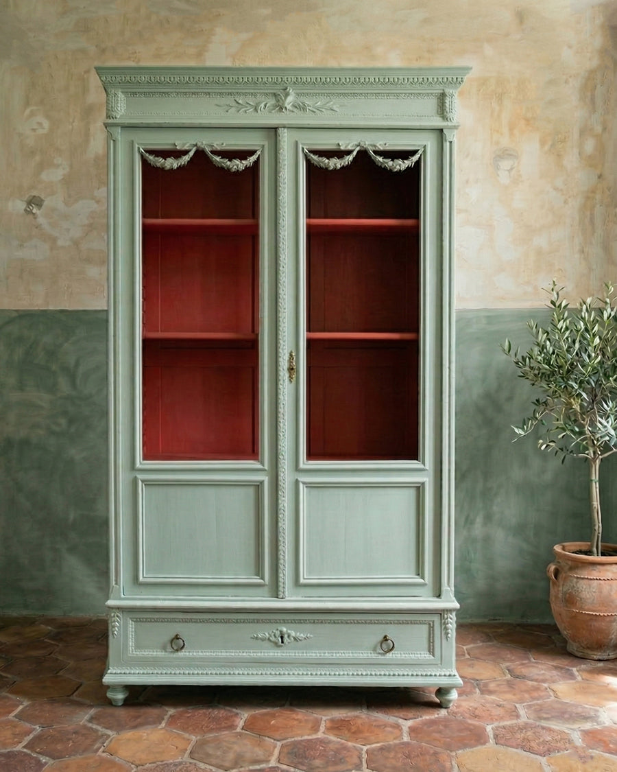 Louis XVI Style Mint Green Glass Door Vitrine