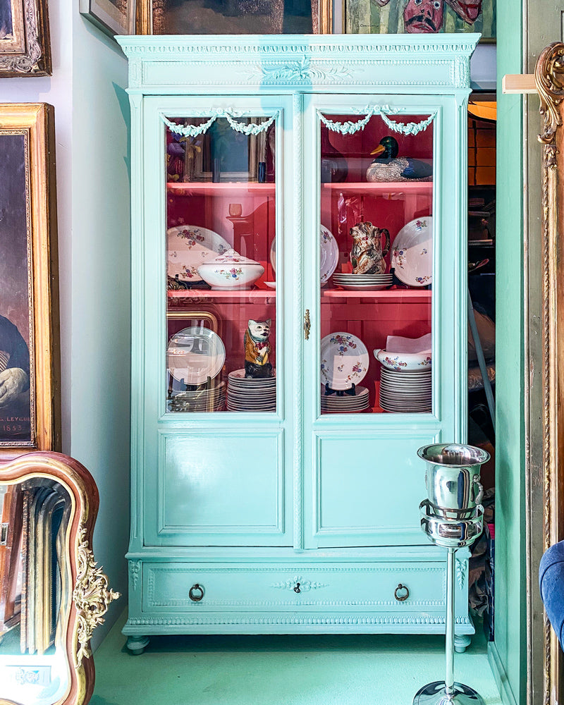 Louis XVI Style Mint Green Glass Door Vitrine