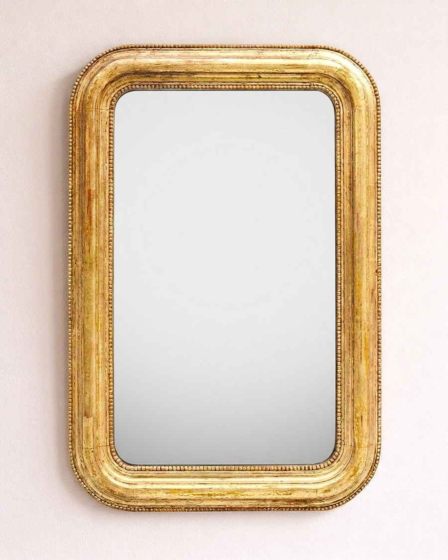 Antique 19th C French Giltwood Mirror with Double Pearl Rim
