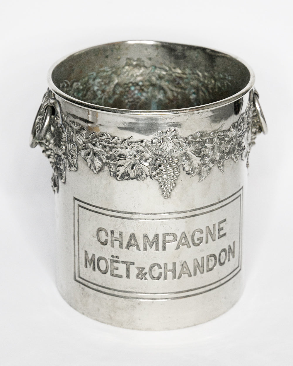 Vintage silver champagne bucket with Moét & Chandon branding, available via Wildschut Antiques