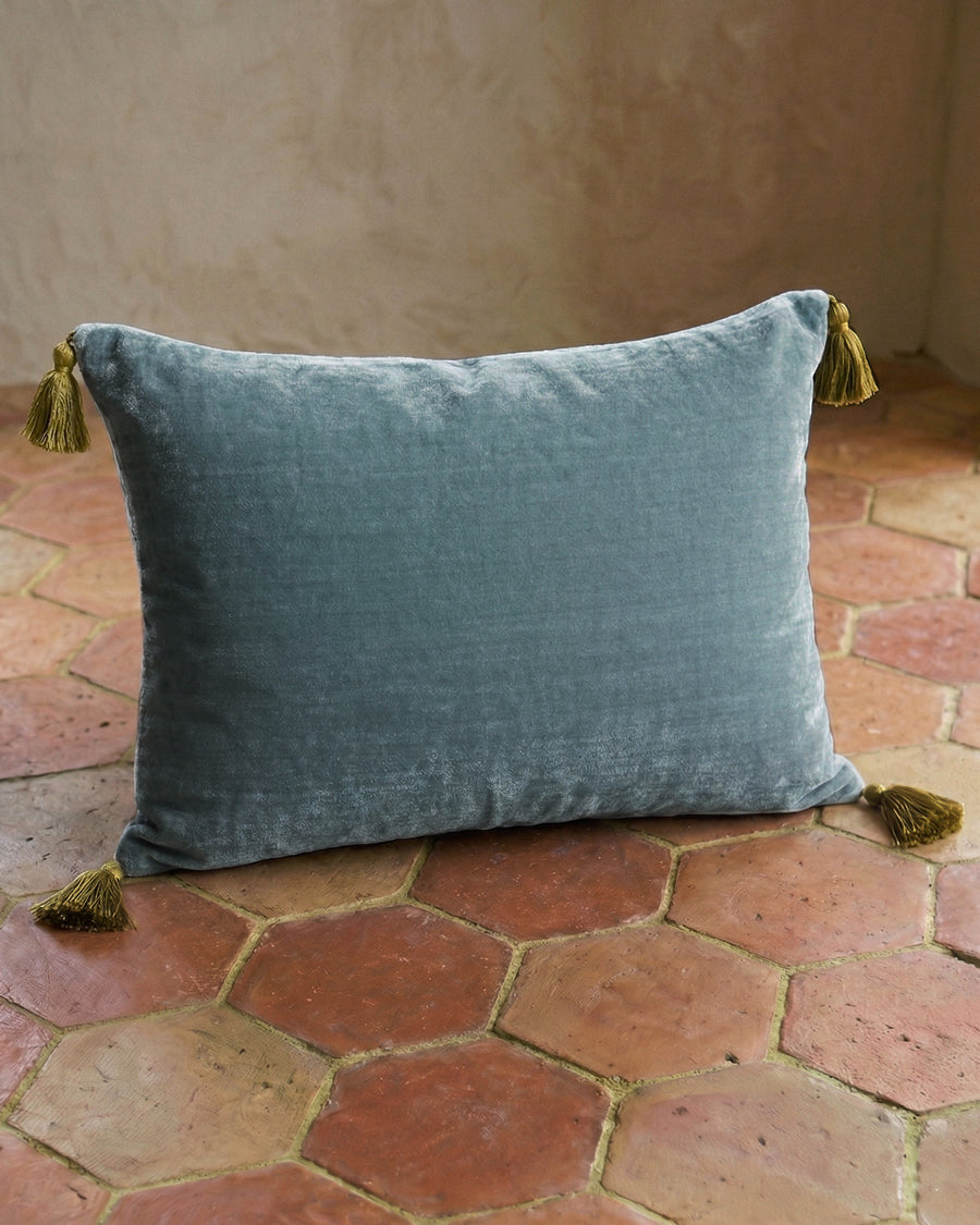 Silk Velvet Velour Pompom Cushion | Sifnos Light Blue
