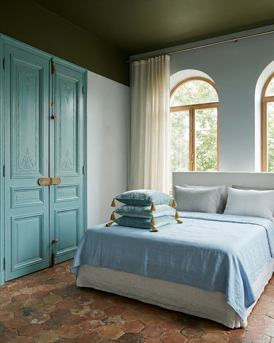 Silk Velvet Velour Pompom Cushion | Sifnos Light Blue