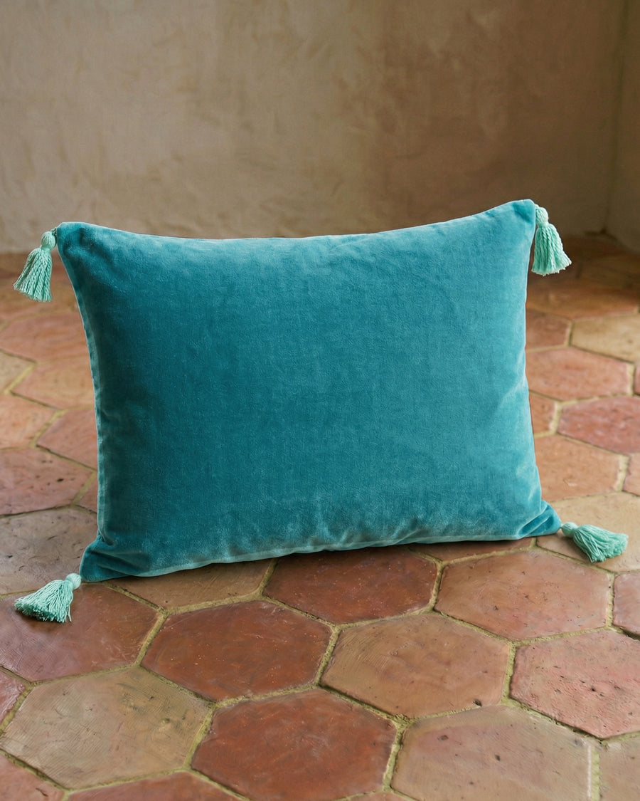 Silk Velvet Velour Pompom Cushion | Lombok Turquoise
