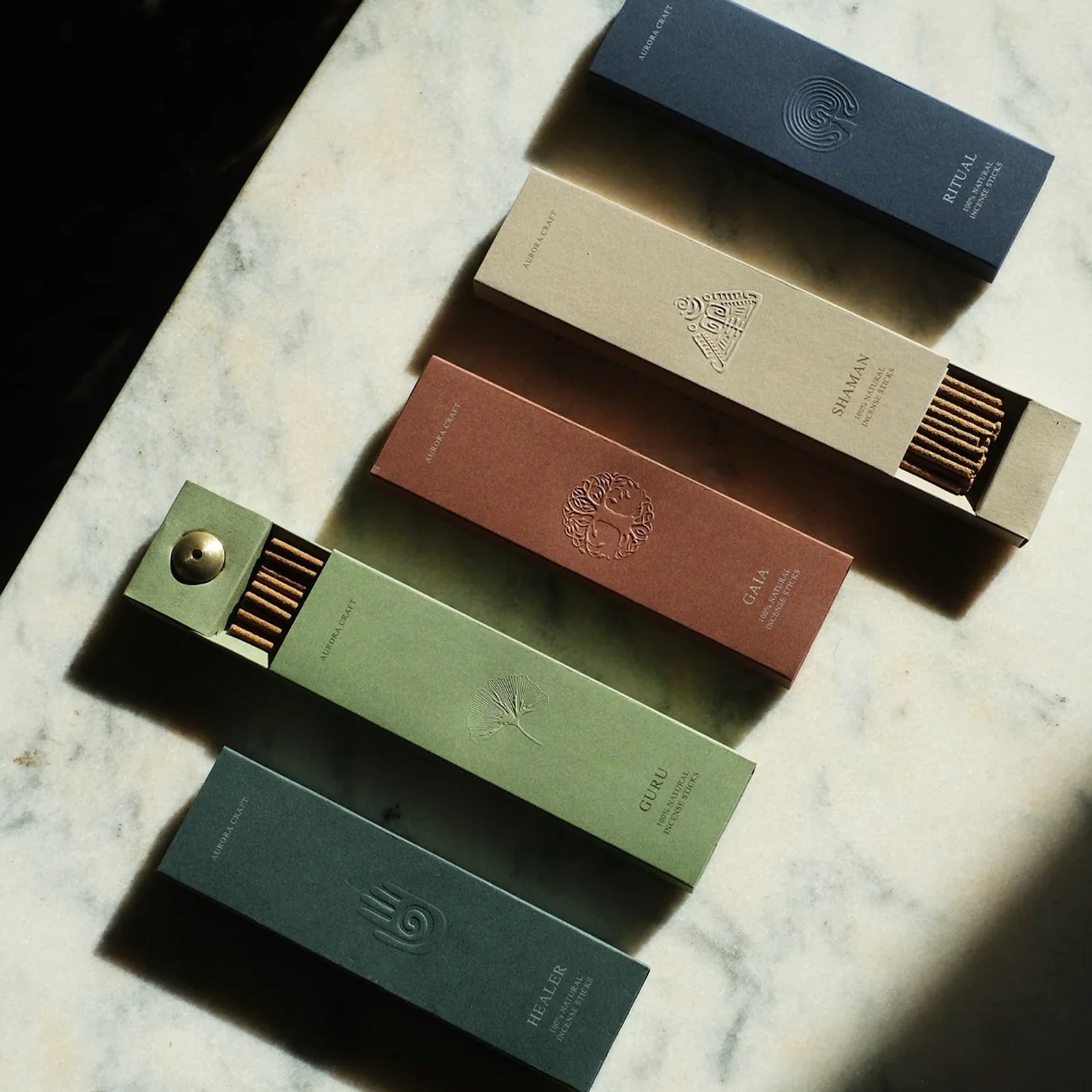 Boxes of natural incense branded by Aurora Craft 