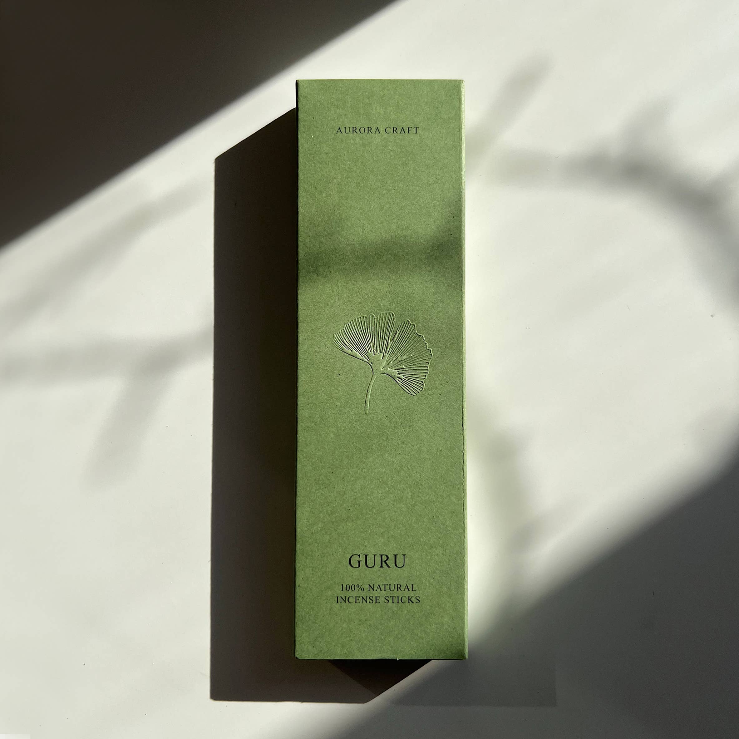 Aurora Craft Guru incense sticks green packaging on a light background, available via Wildschut Antiques Homeware