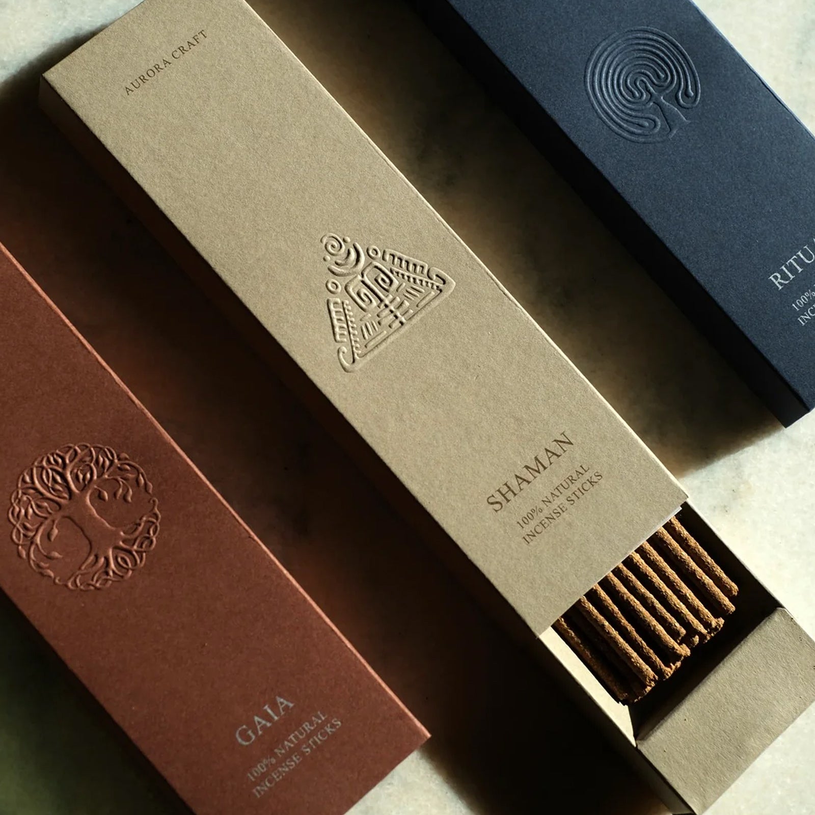 Boxes of natural incense branded by Aurora Craft 